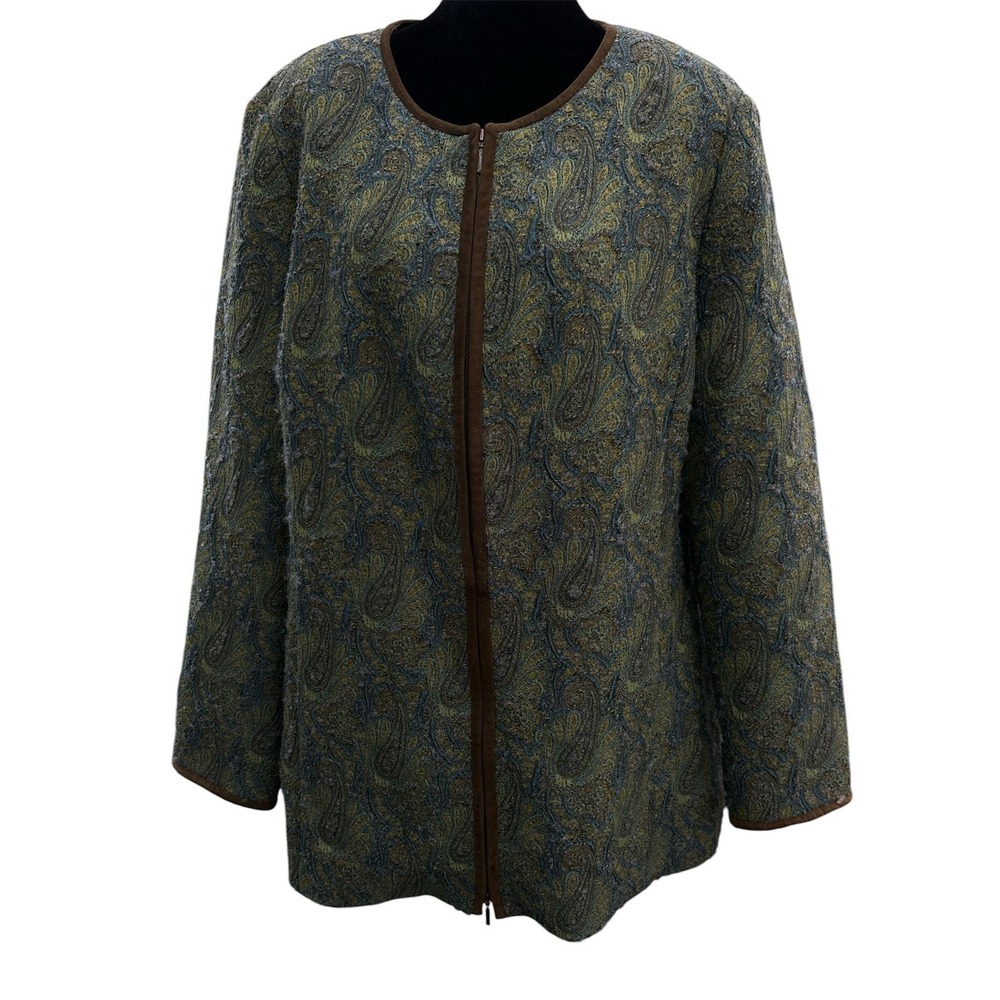 Doncaster Collection Paisley Tapestry Zip Jacket Wool Blend Leather Trim Green